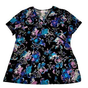 Scrubstar Sz Medium Black Blue Purple Pink Flower Floral Scrub Shirt Top Vibrant
